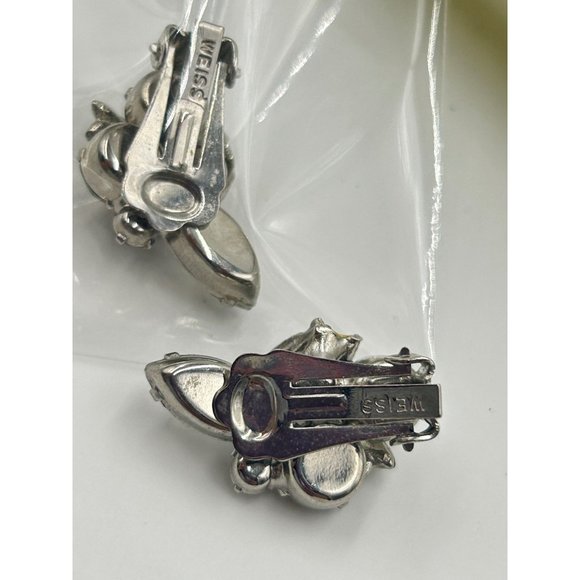 Signed WEISS Clip On Rhinestones Earrings Clear Glass Stones Costume Jewelry - Picture 6 of 6